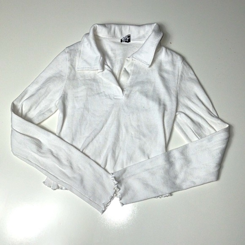 White Long Sleeve Cropped Polo Collar Tops- Size Small (S)